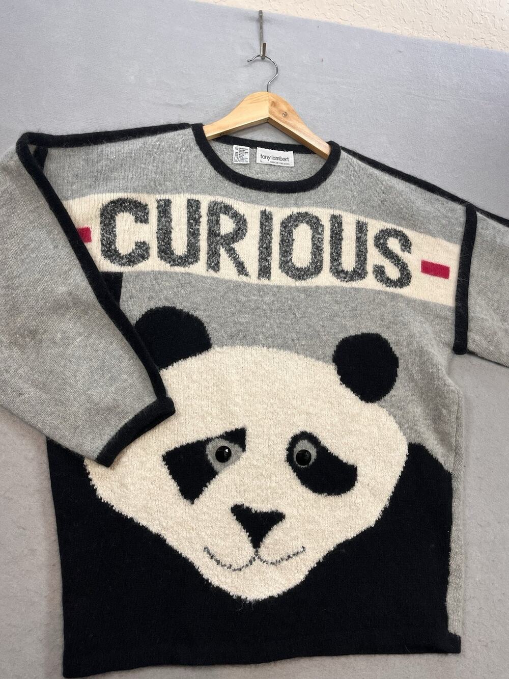 Vintage 80s Tony Lambert Panda Sweater L Lambswool Angora Oversized Graphic Knit